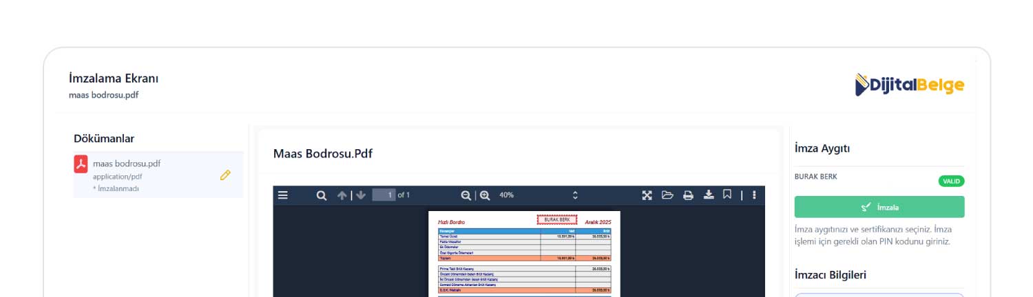 PDF imzalama özellik ekran görüntüsü